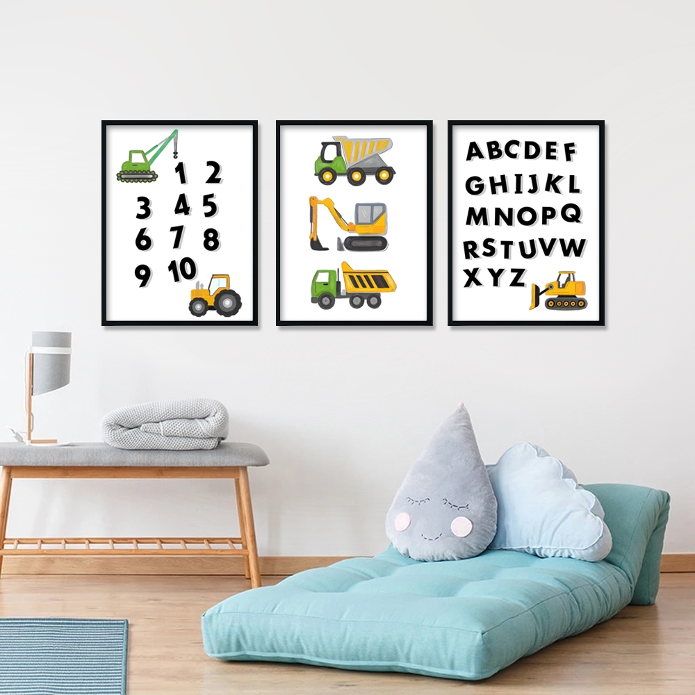 Posters - Lastbilar med siffror och alfabet / Set med 3