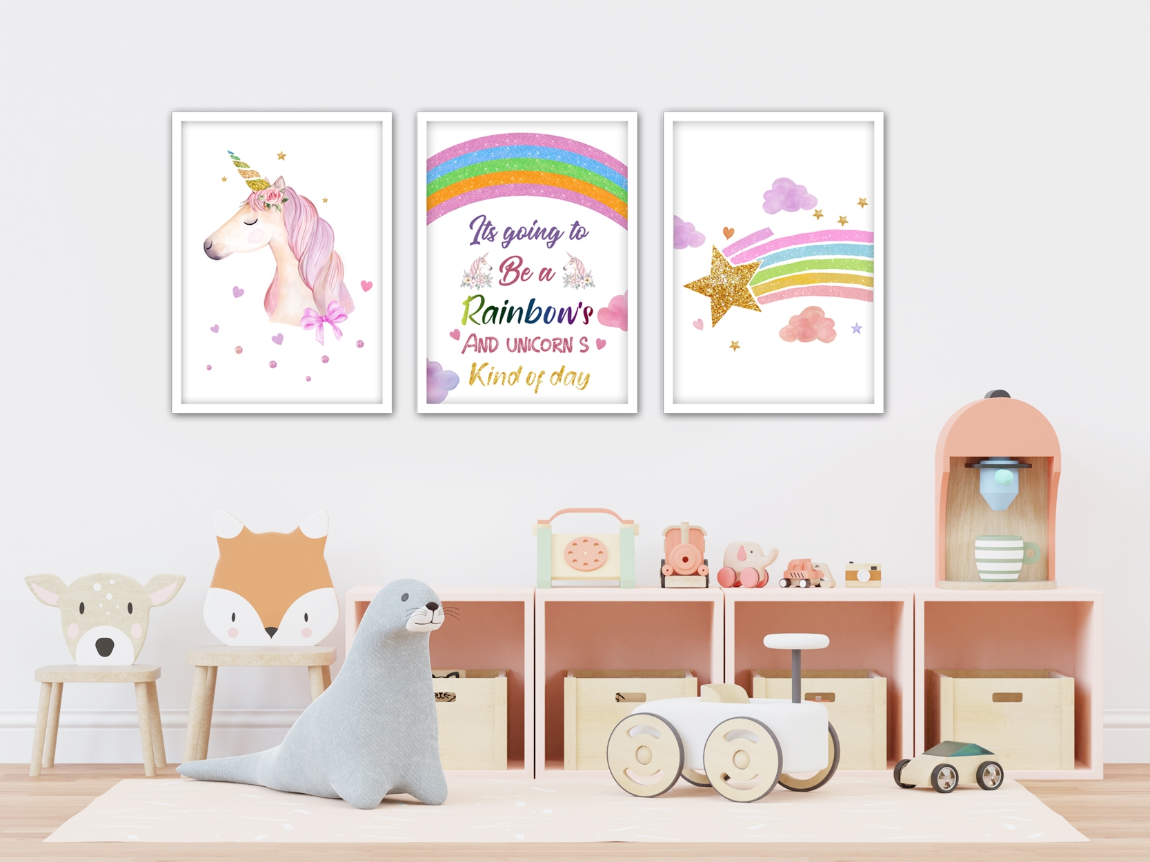 Affisch - Rainbow and Unicorn / Set om 3