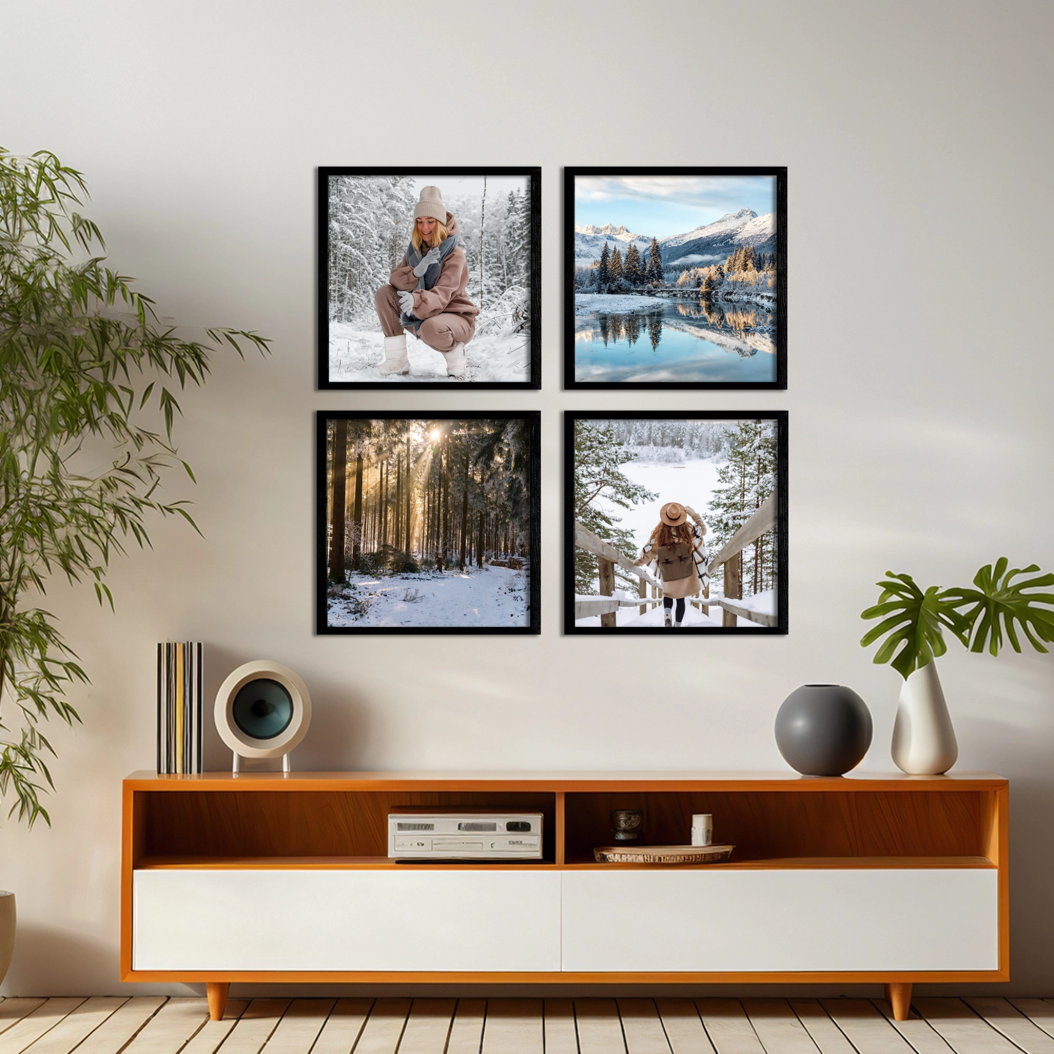 Tavelvägg – Ladda upp foton – 4 kvadratiska posters med ramar