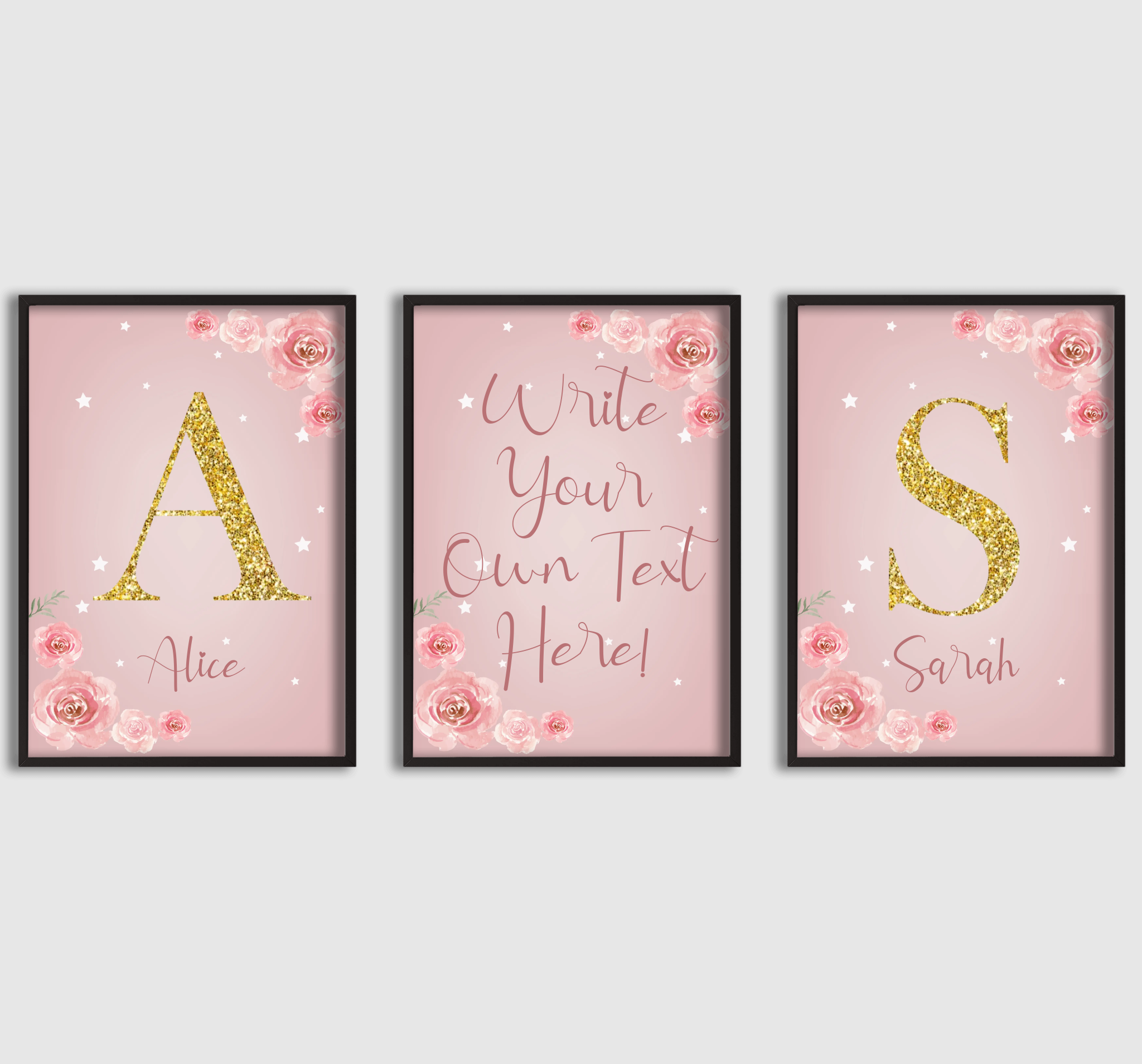 Personlig Poster - Rosa med Gyllene Bokstavs Namn - Set om 3