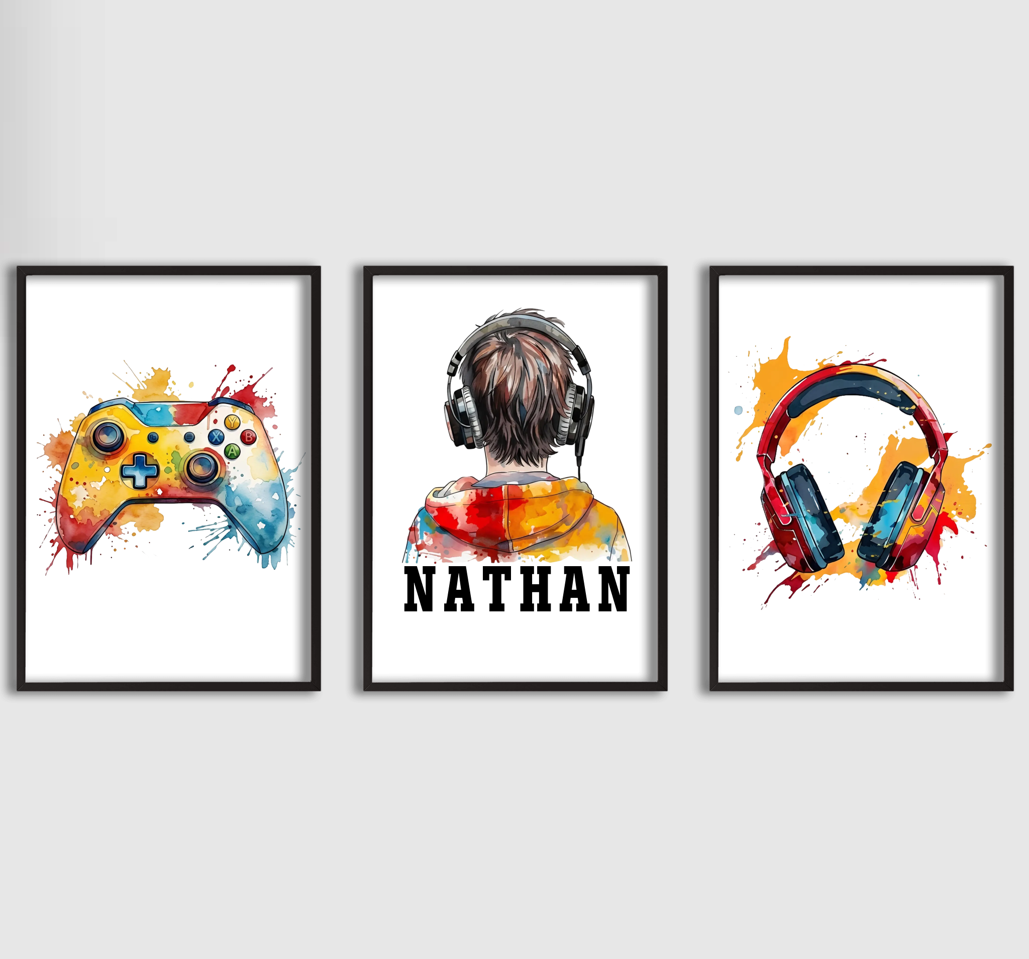 Personlig Poster - Akvarell Gaming-tryck - Set om 3