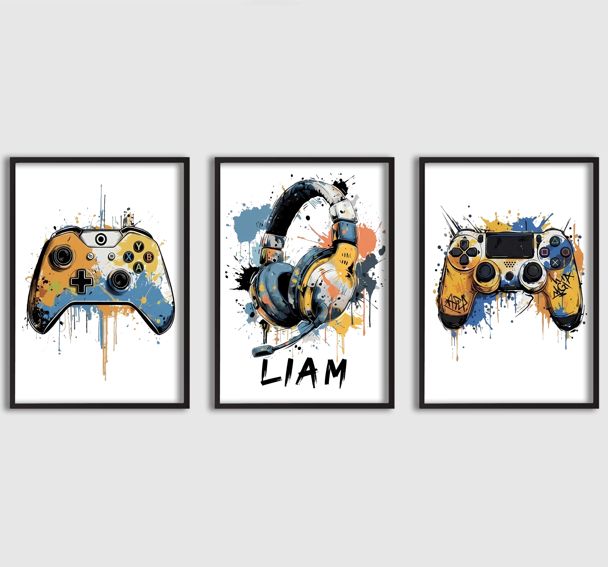 Personlig Poster - Gamer Namn Färg Splash - Set om 3