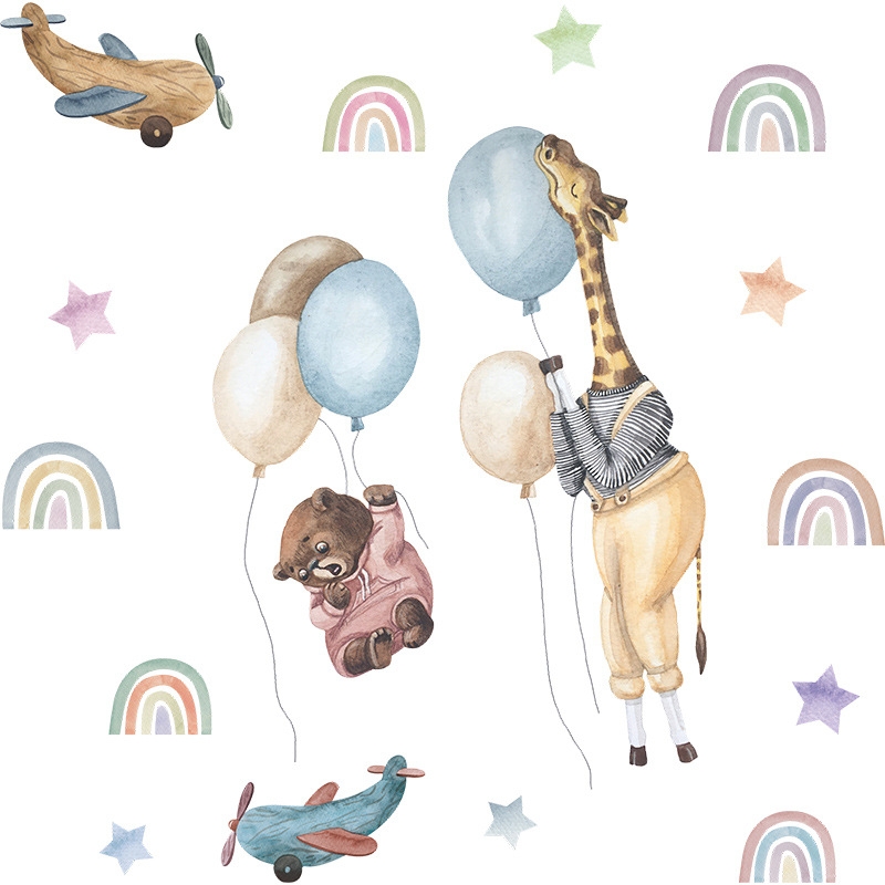 Väggdekal - Giraff och björn med ballonger