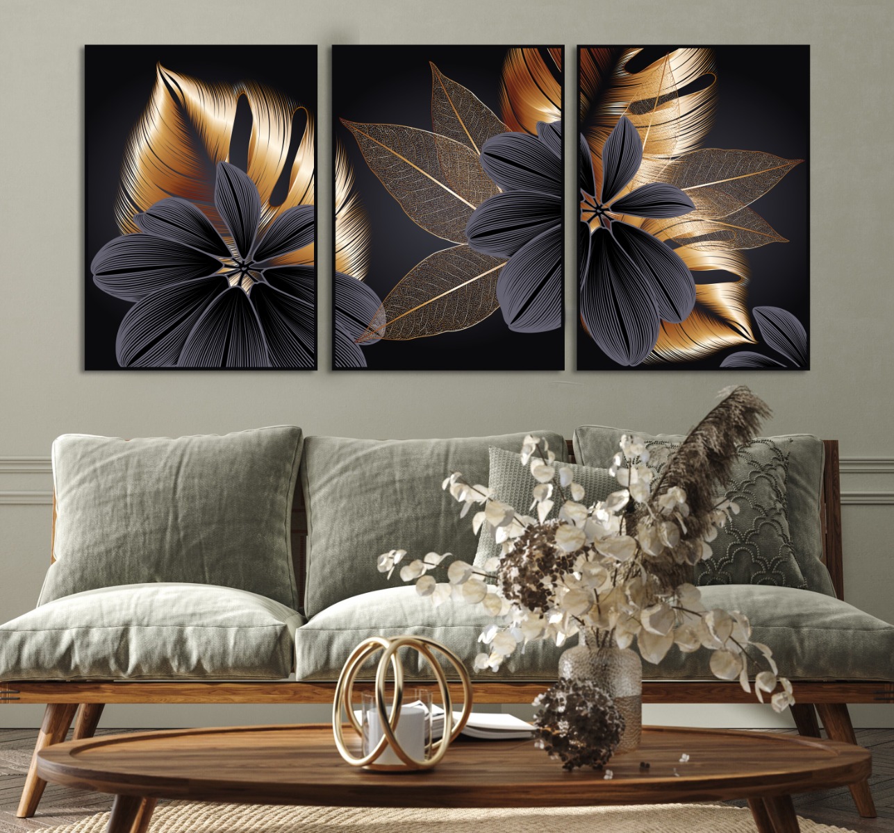 Posters - Guld blommor och blad / Set om 3