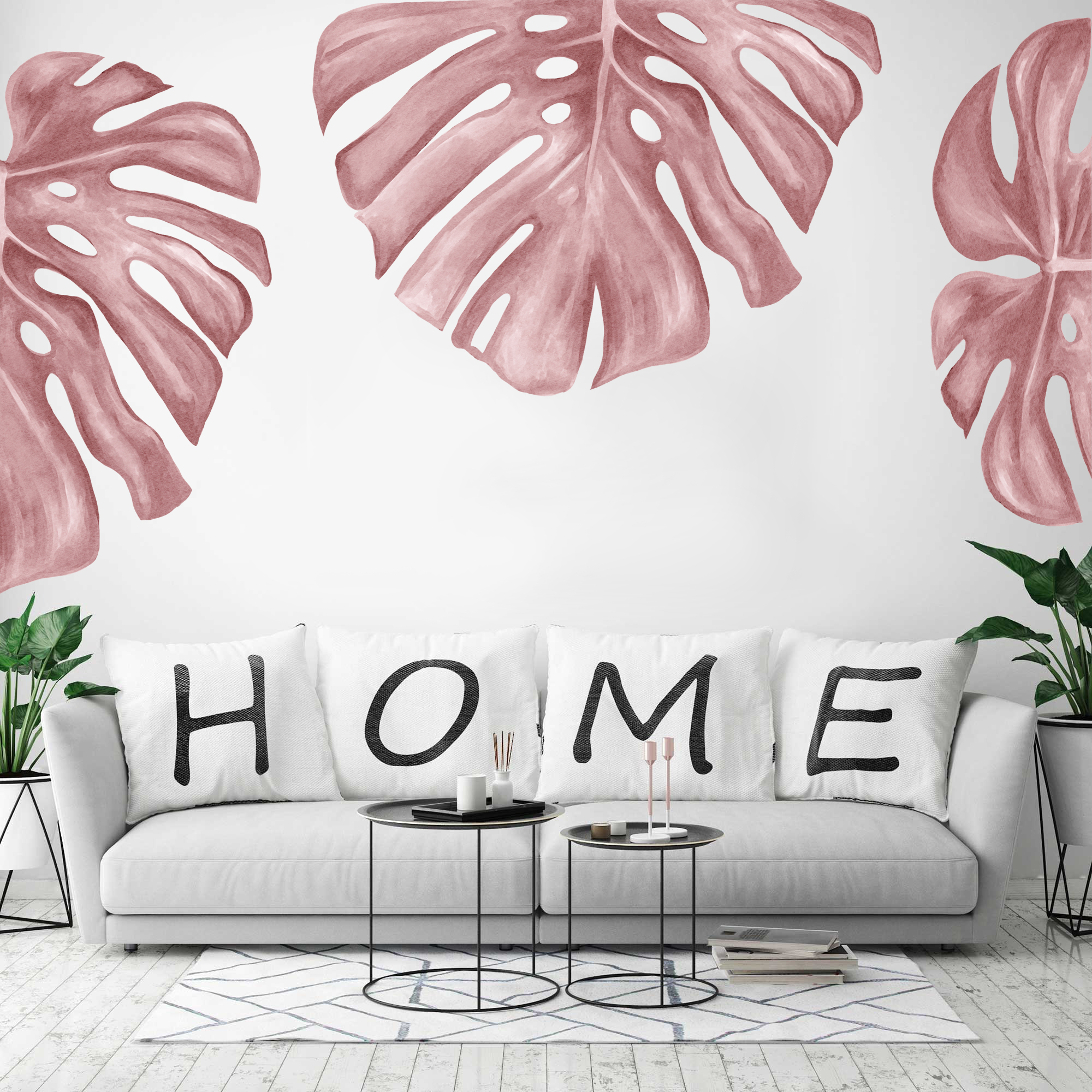Väggdekal - Monstera löv / Rosa