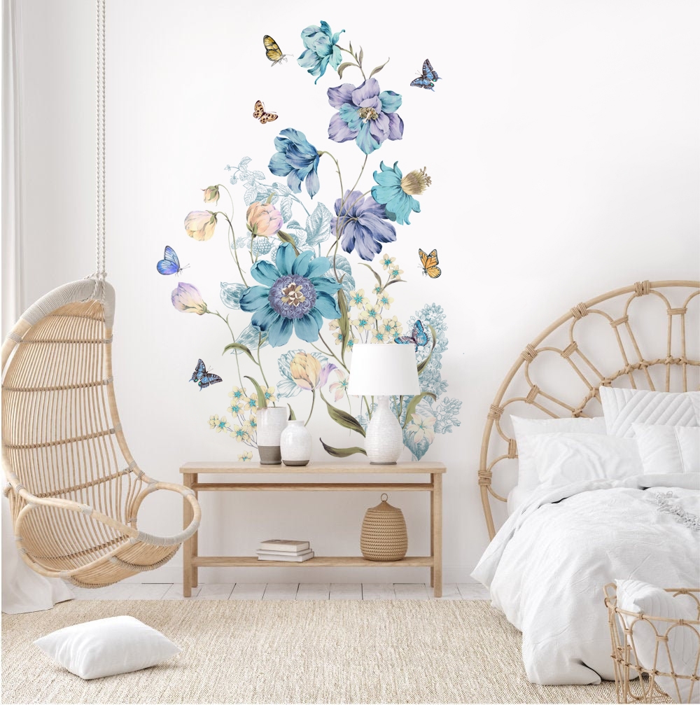 Väggdekal - Blå blommor och fjäril