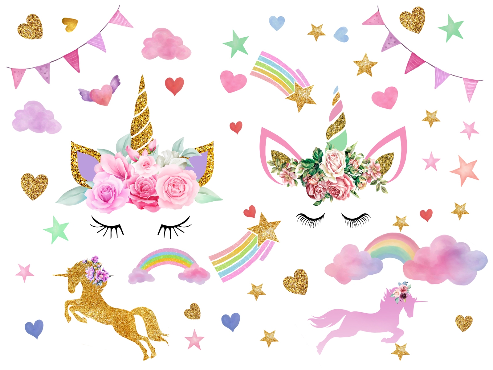 Väggdekal - Enhörning med hjärtan och stjärnor