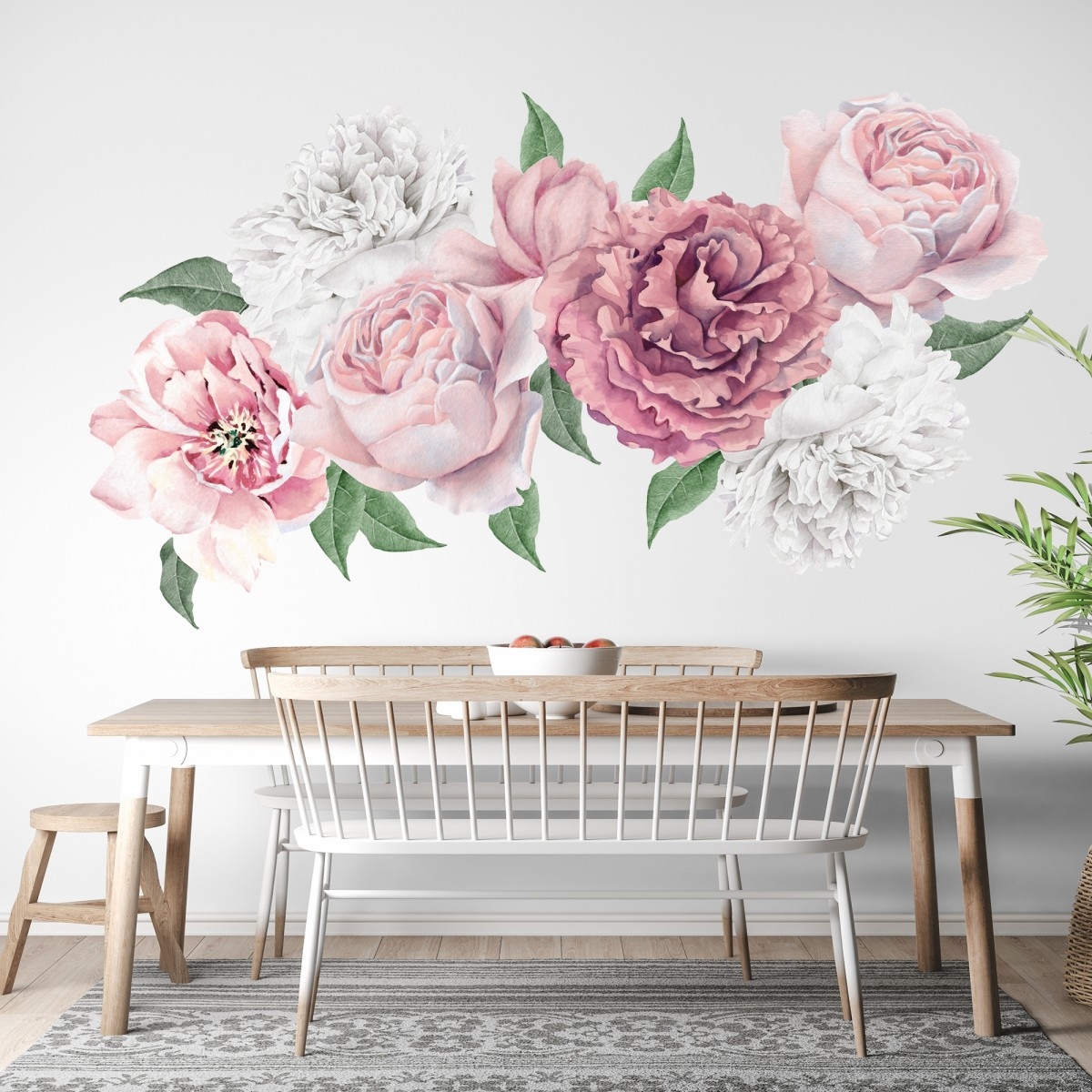 Väggklistermärke - Akvarell rosa och vit pionblommor