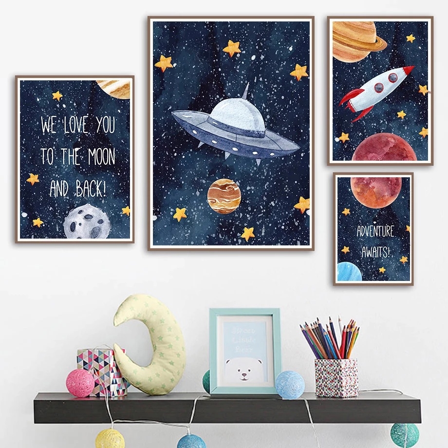 Posters - Rymd, Planet och Raket / Set om 4