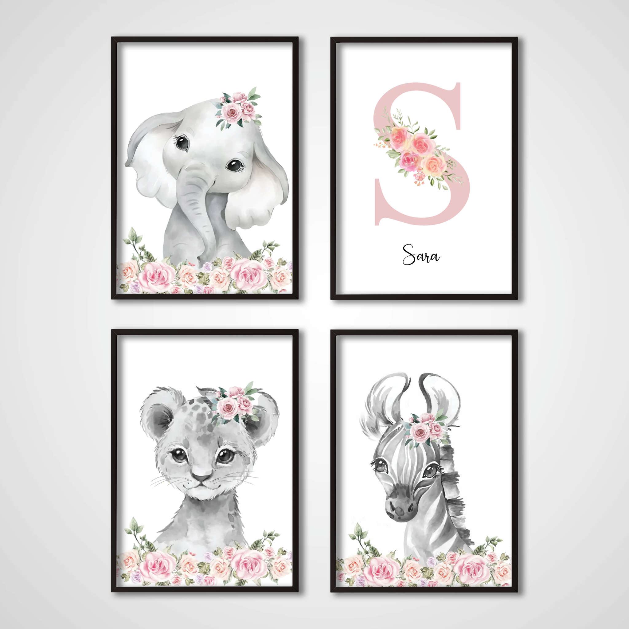 Affisch - Elefant Lejon Zebra / Personlig / Set om 4