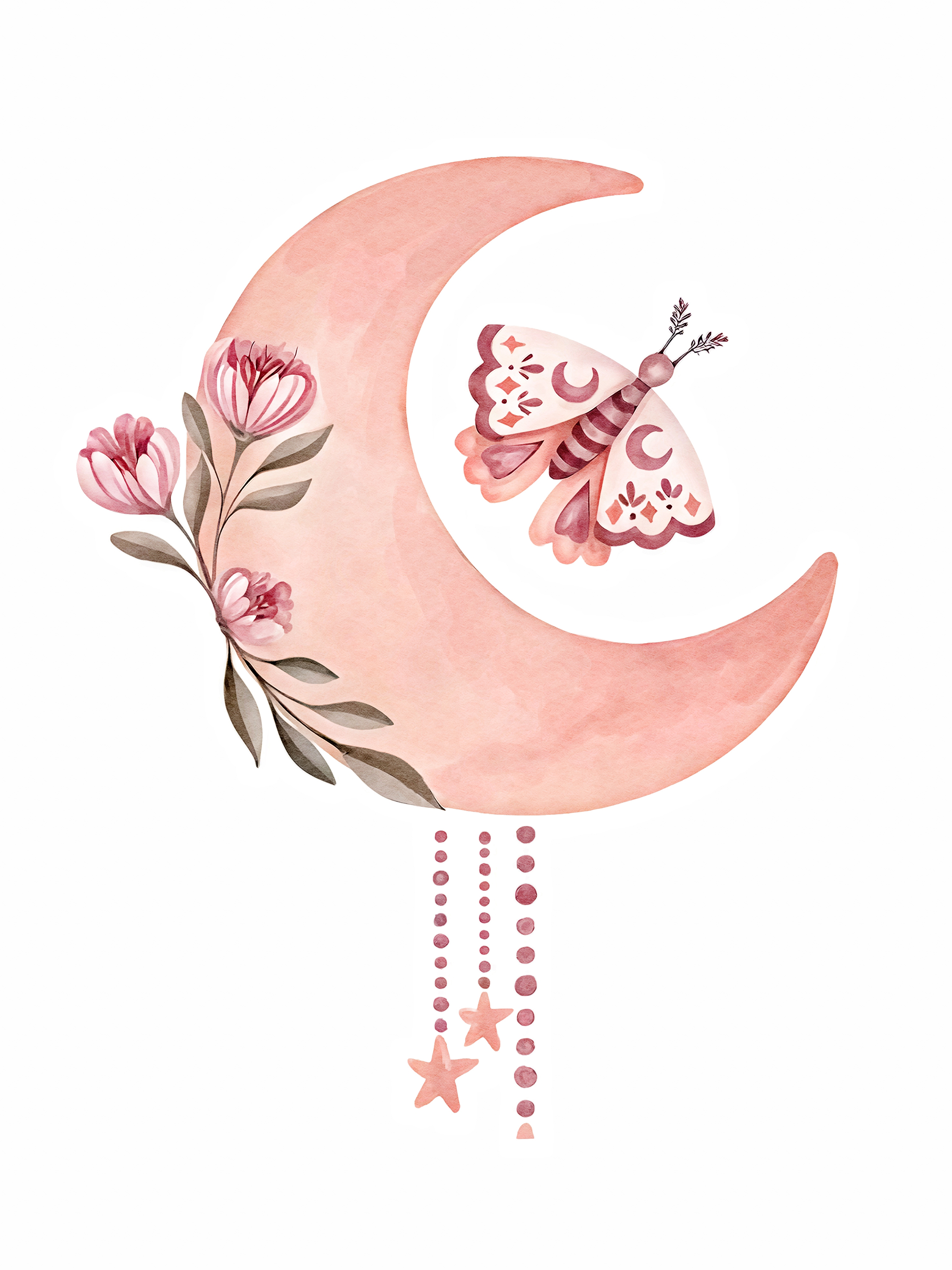 Poster - Måne och fjäril / Rosa