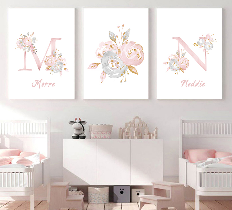 Affischer - Rosa och blå blommor / Personlig / Set med 3