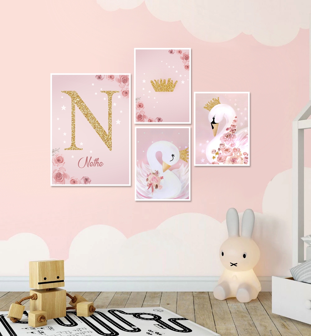 Posters - Kawaii / Swans / Rosa / Personlig / Set med 4