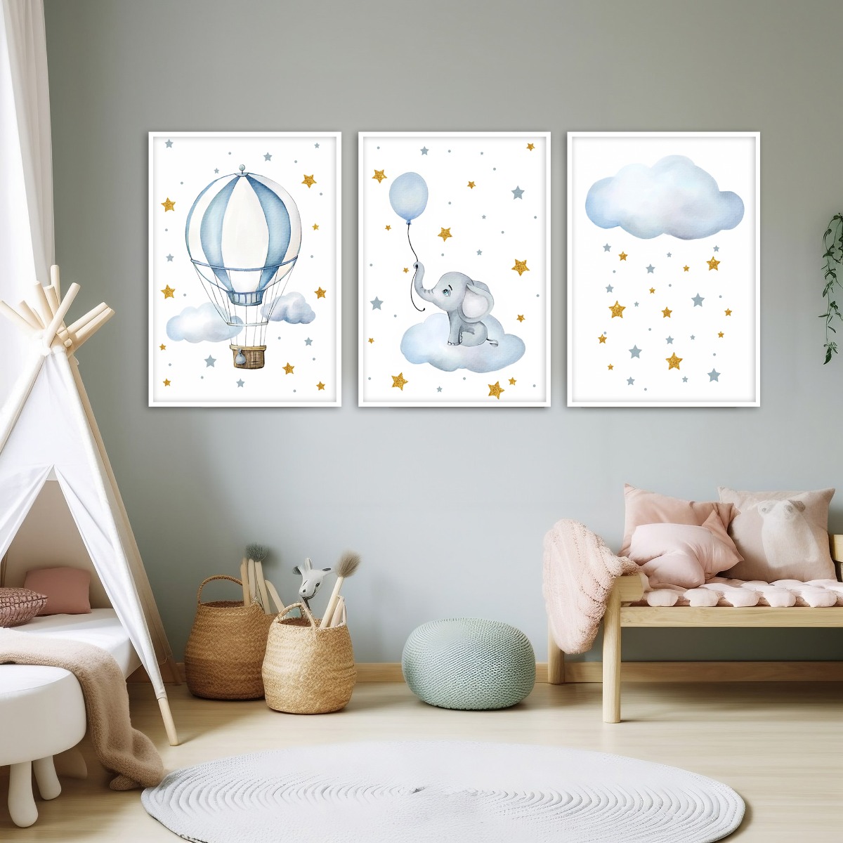 Posters - Moln, Luftballong och Elefant / Set om 3