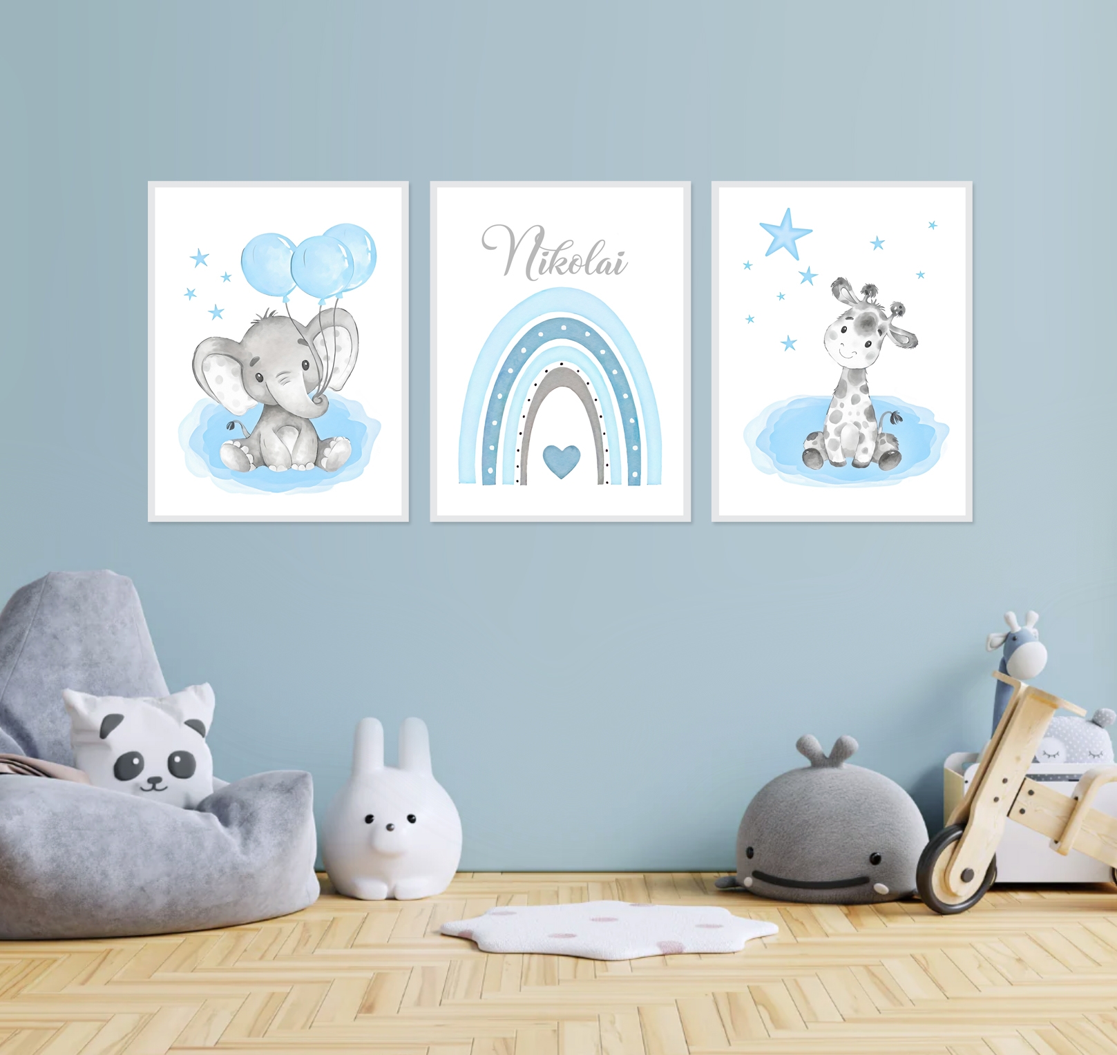 Posters - Regnbåge och djur på molnen / Blå / Personlig / Set om 3