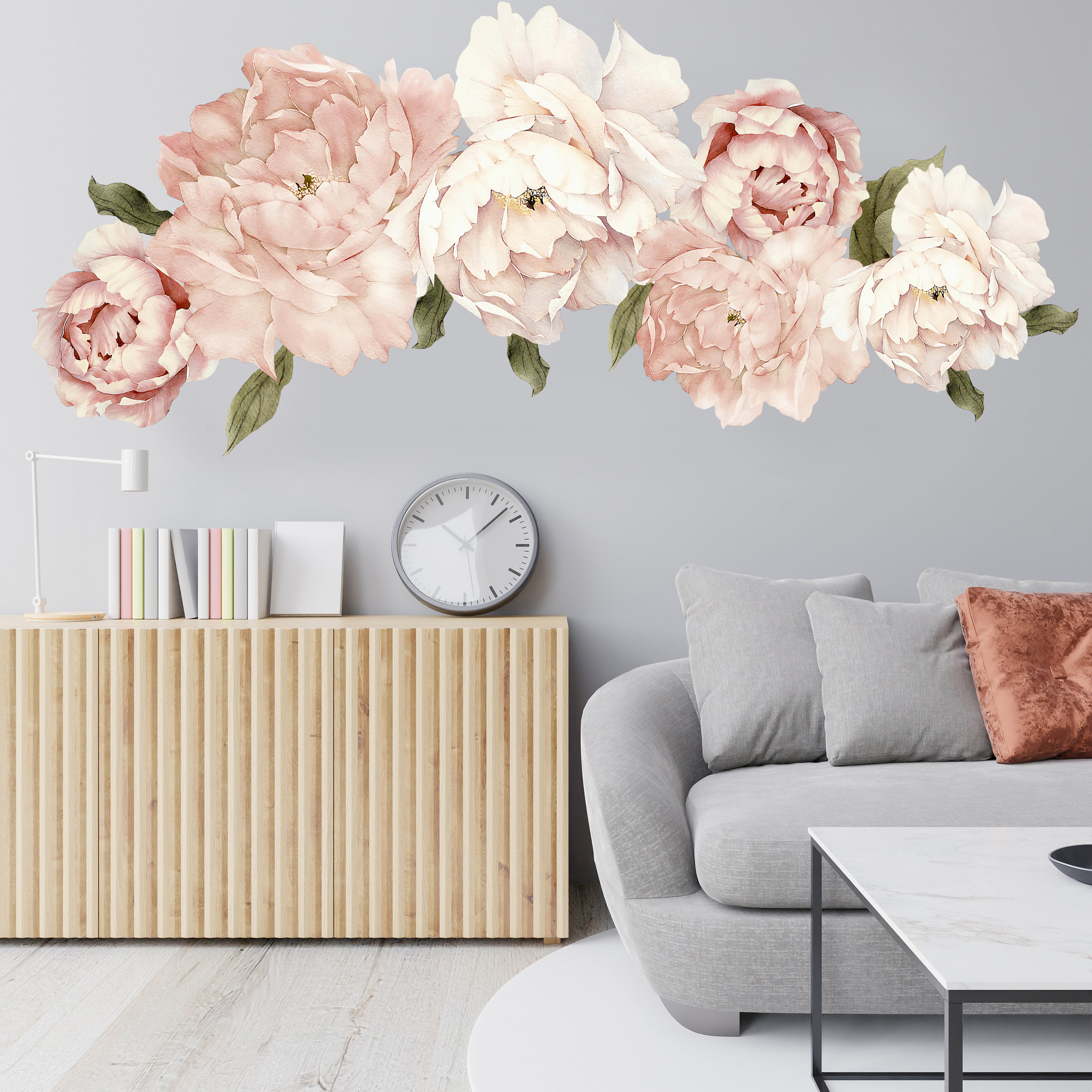 Väggklistermärke - Rosa Pionblommig med gröna löv
