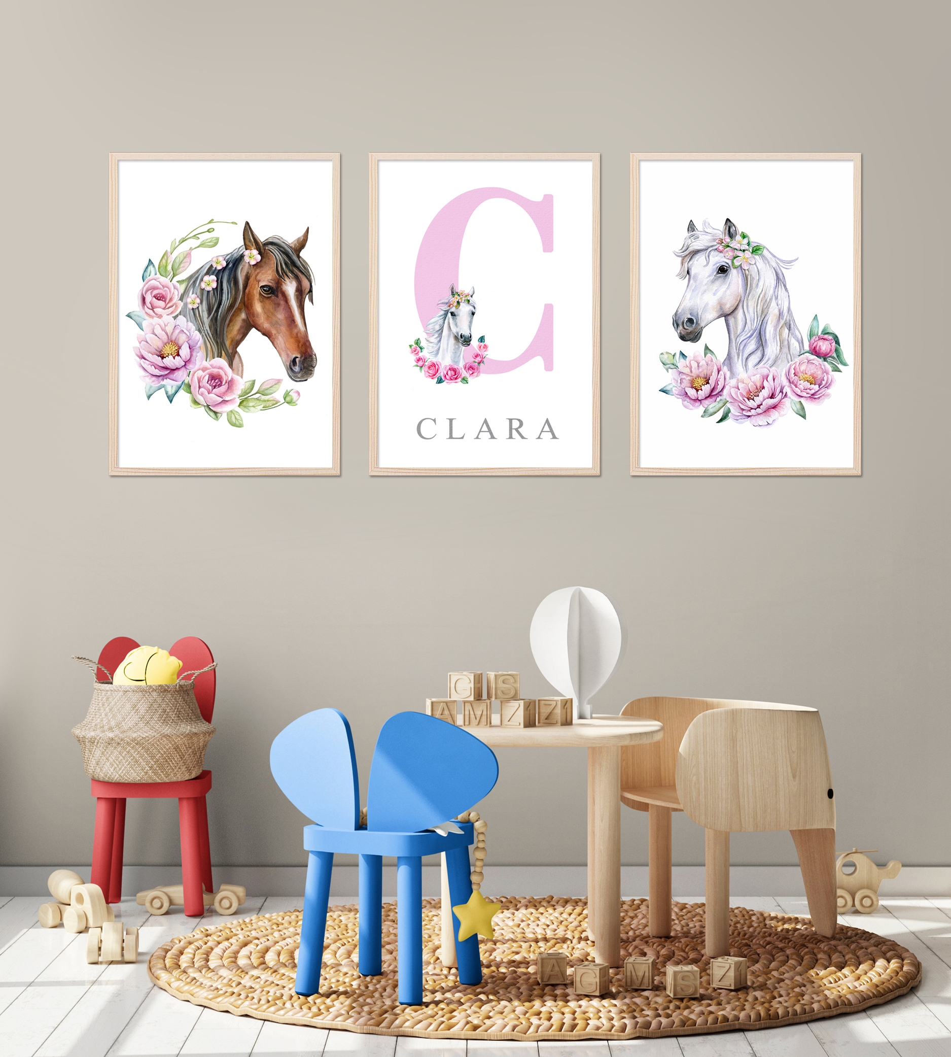 Posters - Häst med Blommor / Personlig / Set om 3