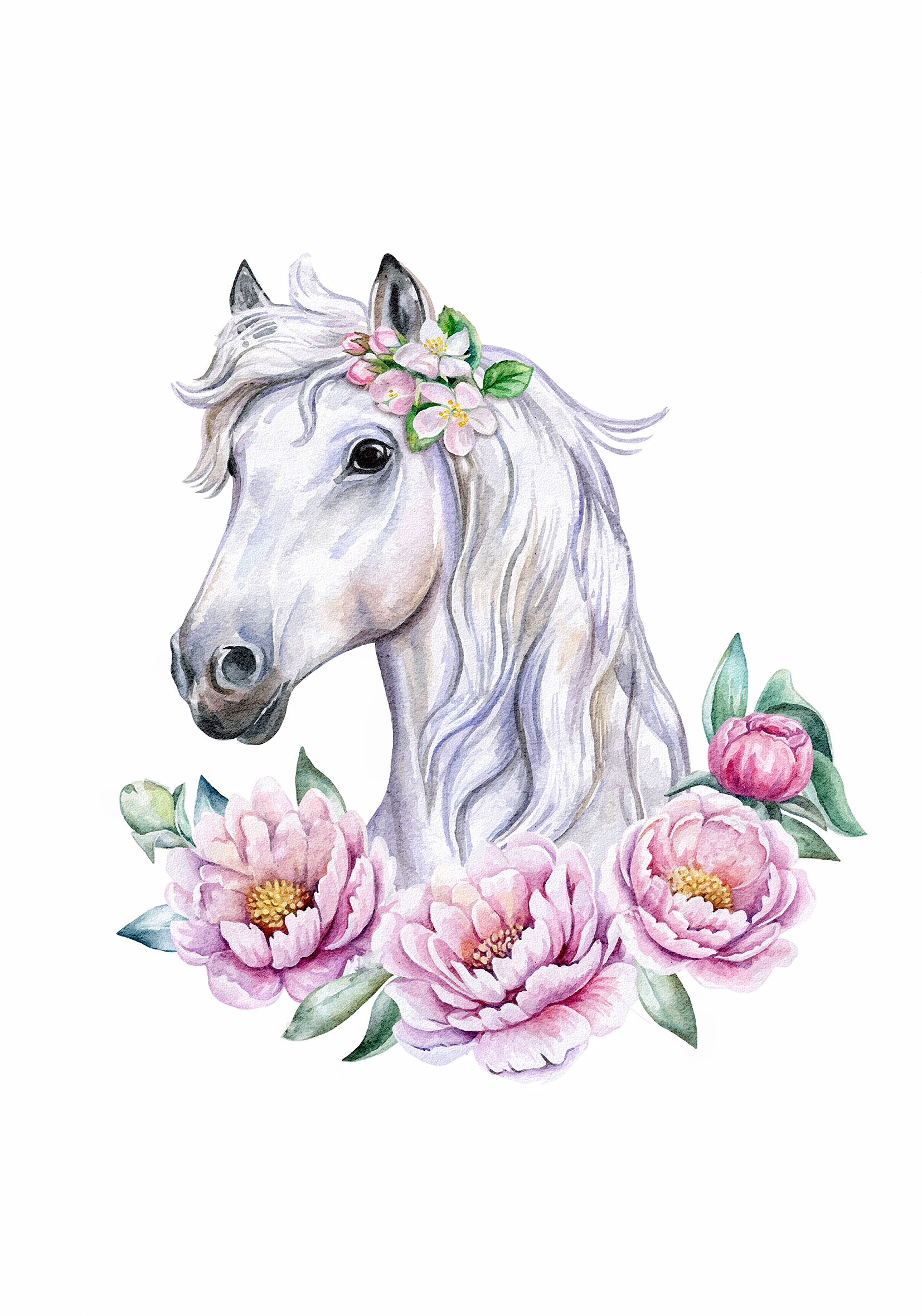 Affisch - Vit Häst med Blommor