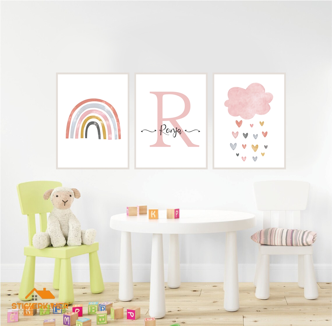 Posters - Regnbåge och Moln med hjärtan / Personlig / Set om 3