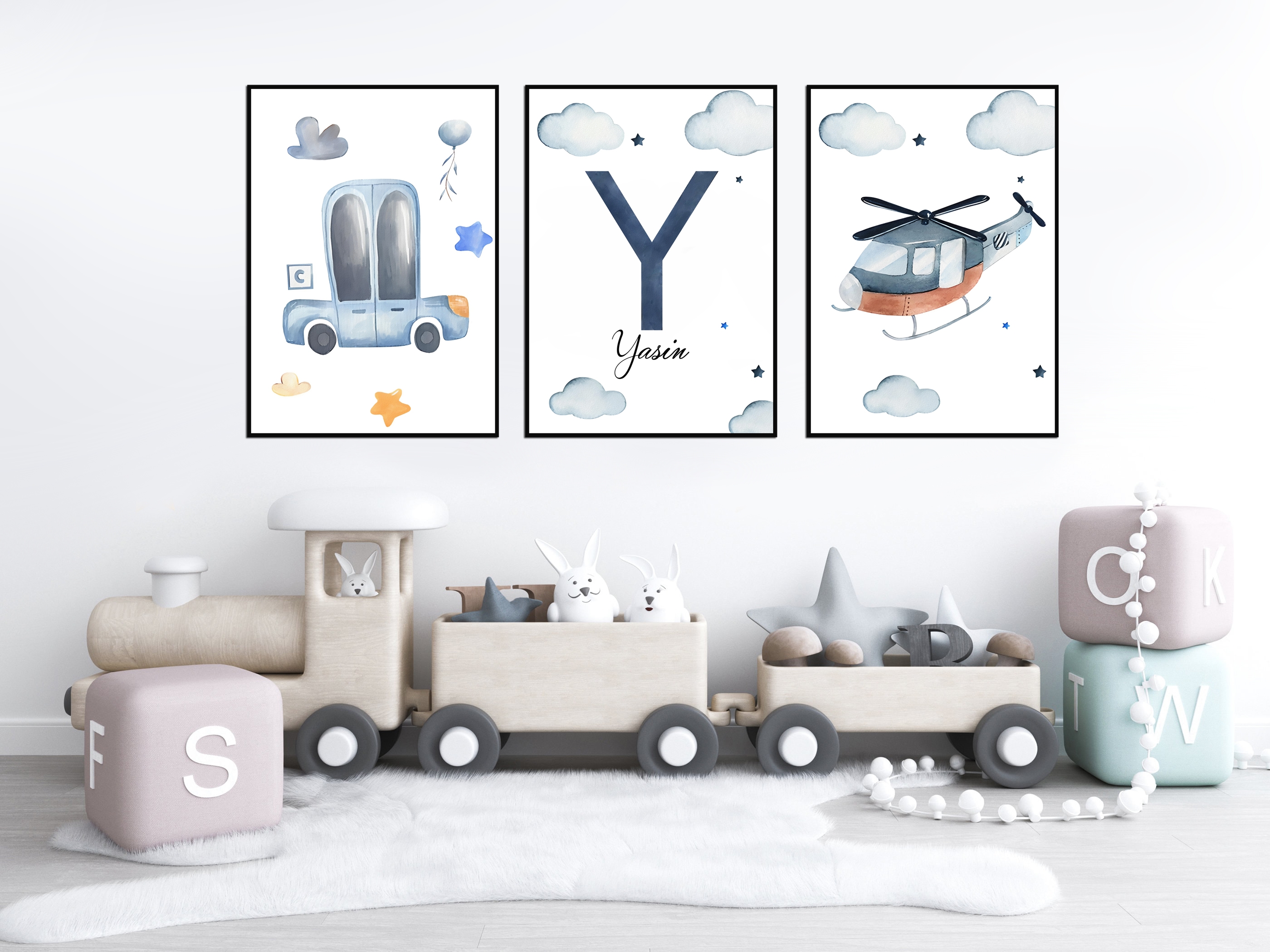 Posters - Bil och Helikopter / Personlig / Set om 3