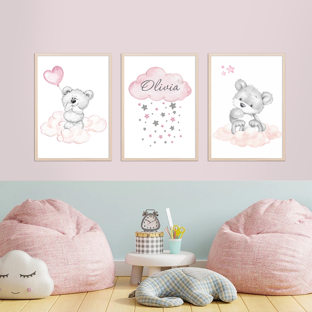 Posters - Björn i molnen / Rosa / Personlig / Set om 3