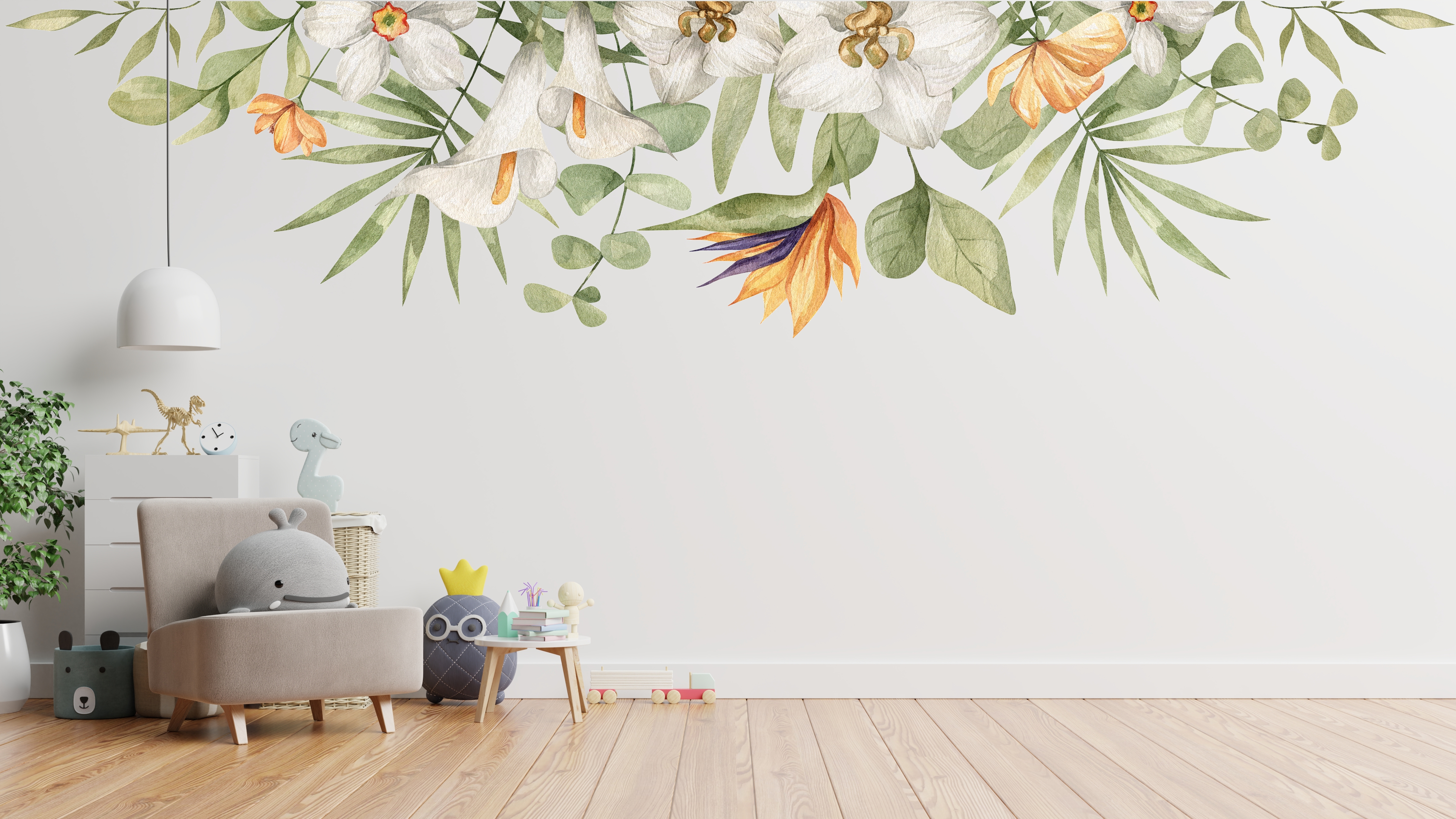 Väggdekal - Vita och orange Blommor