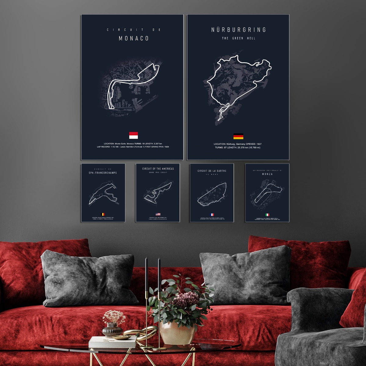 Affisch - Monaco / Nurburgring / Circuit of the Americas / Spa - Francorchamps / Sarthe / Monza / Set om 6