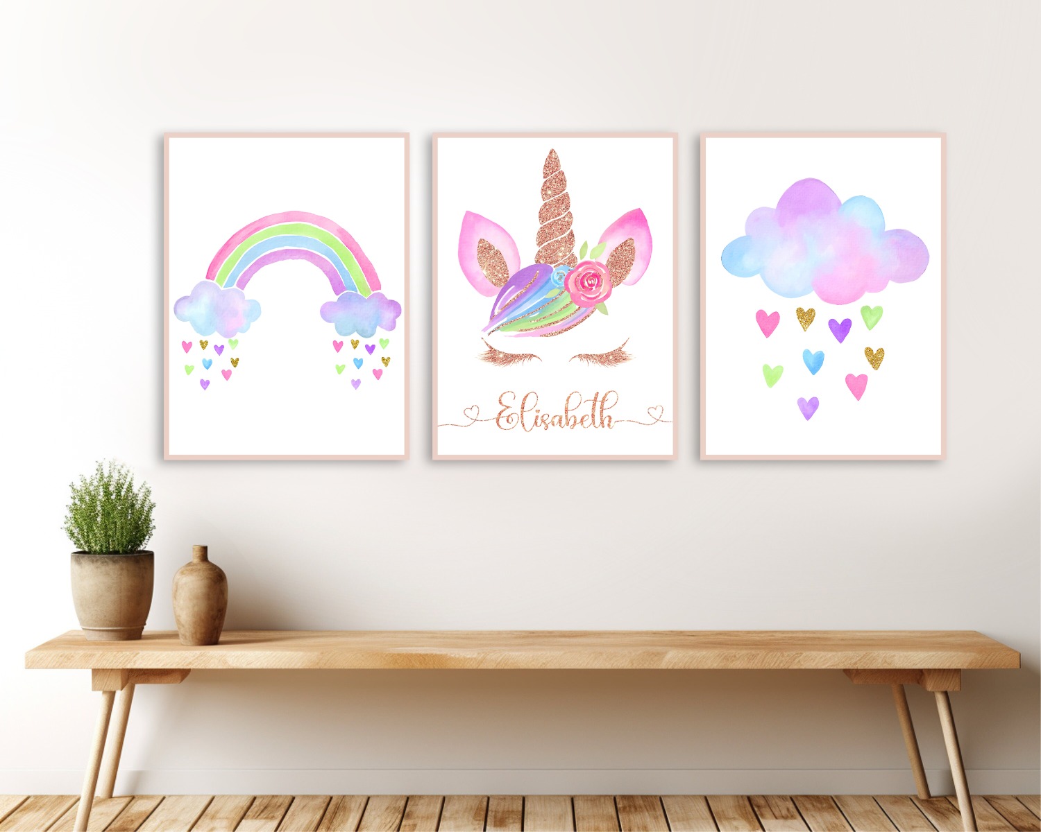 Posters - Gyllene Enhörning och Hjärtan / Personlig / Set om 3