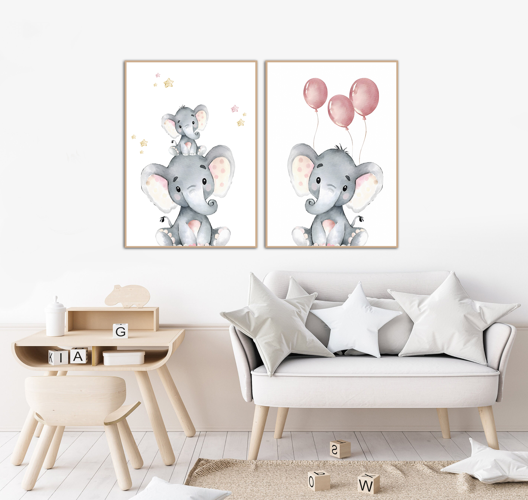 Affischer - Elefanter och rosa ballonger / Set om 2
