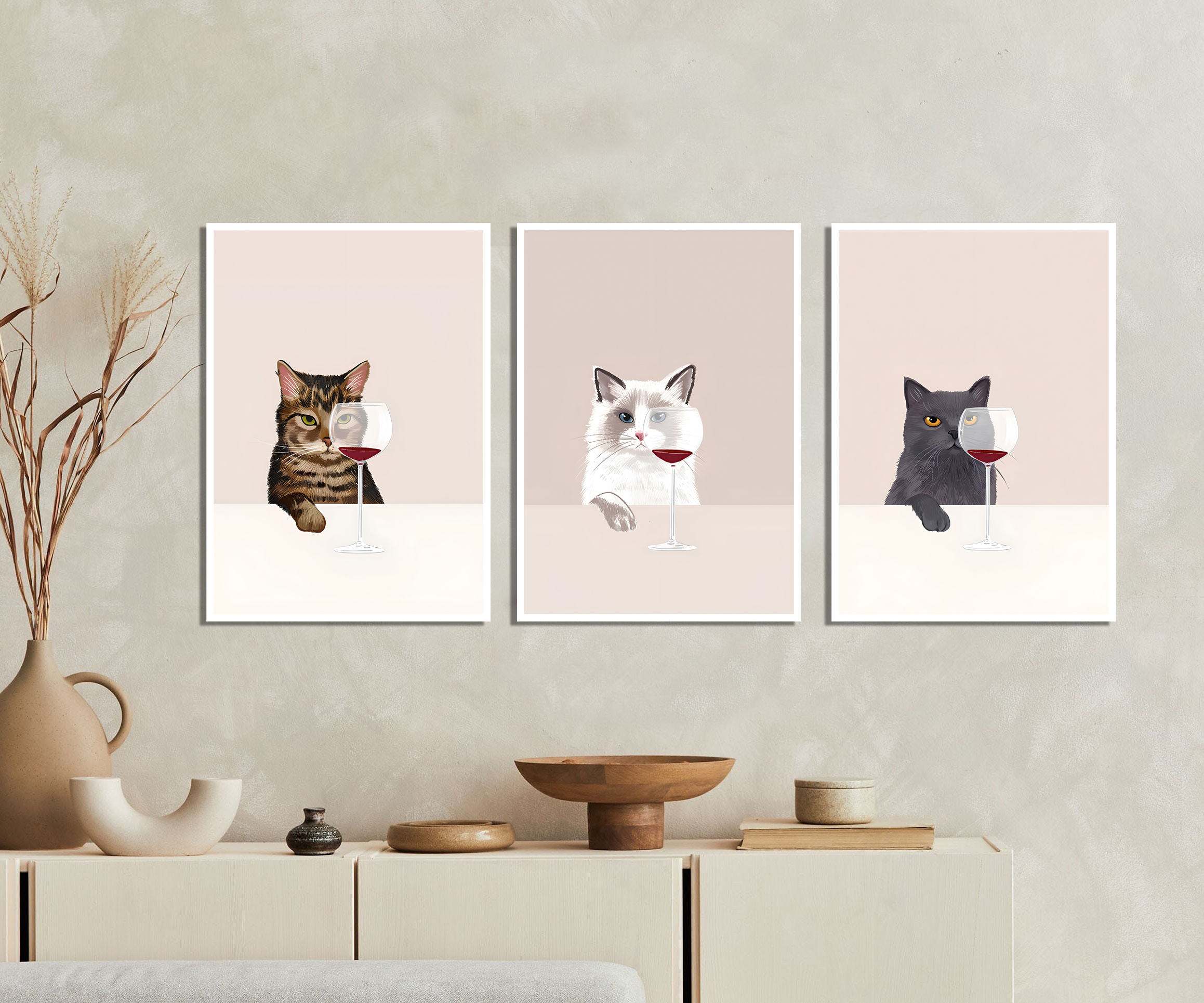 Posters – Katter med ett glas vin / Set med 3