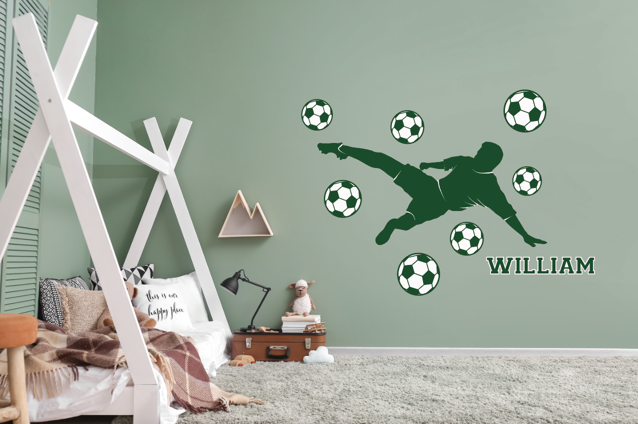 Väggdekal - Fotbollsspelare och fotbollar / Personlig / Vit