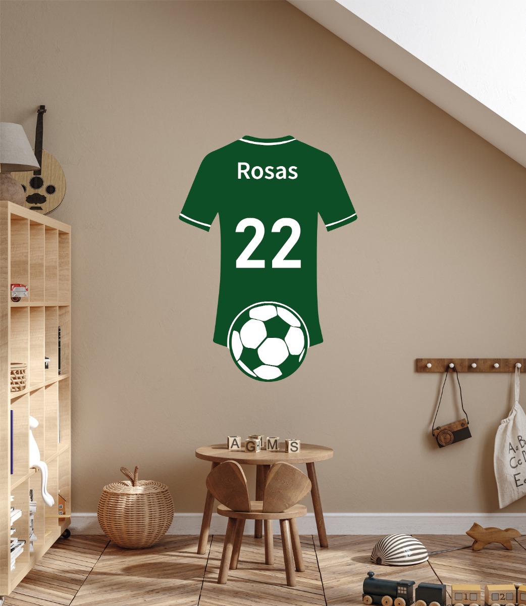 Väggdekal - Fotbollsspelare T-shirt / Personligt namn och nummer / Vit Kontur