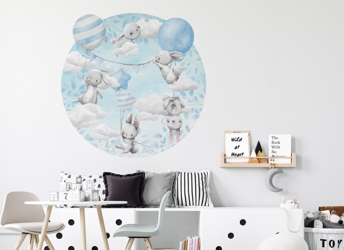 Väggdekal - Kaniner med blå ballonger/cirkel