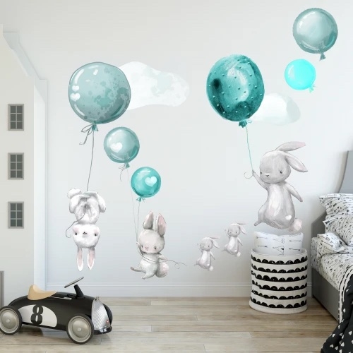 Väggdekal - Kanin med ballonger och moln