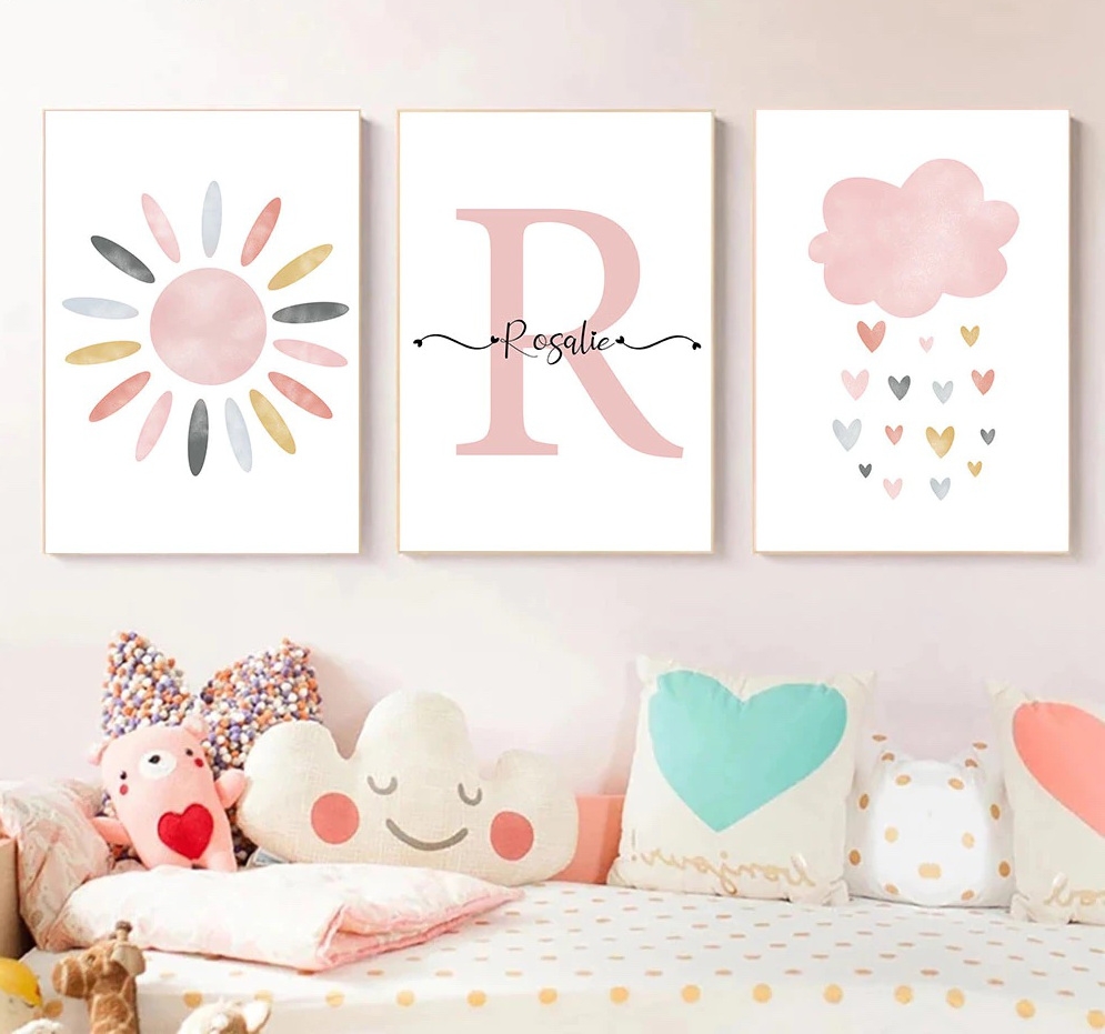 Posters - Sol och Moln med hjärtan / Personlig / Set om 3