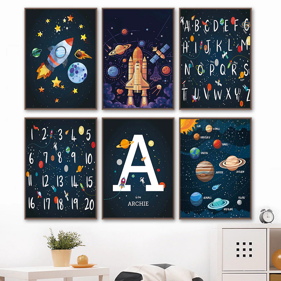 Posters - Planeter, Raketer, Alfabet och Tal / Personlig / Set om 6