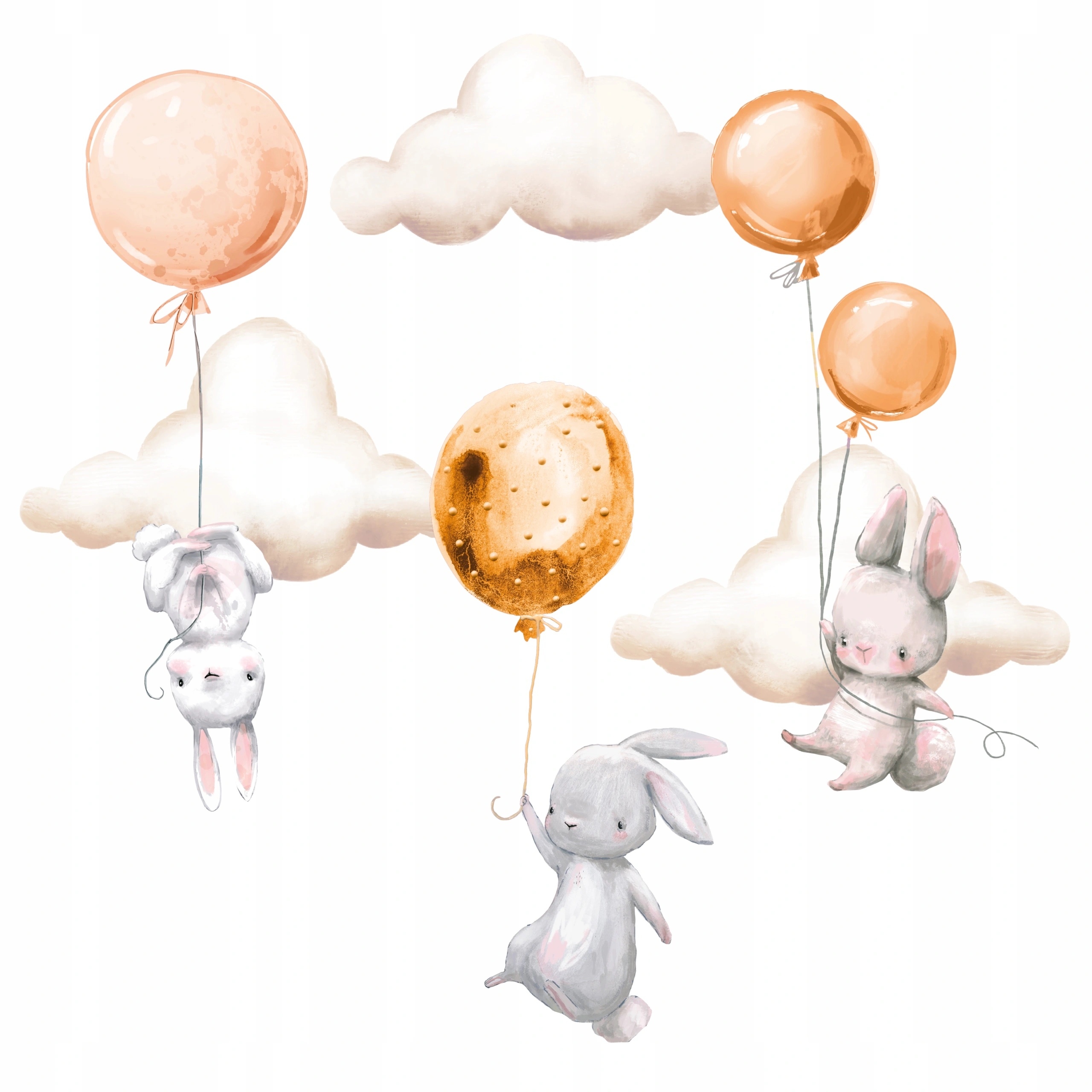 Väggdekal - Kaniner med ballonger och moln / Orange