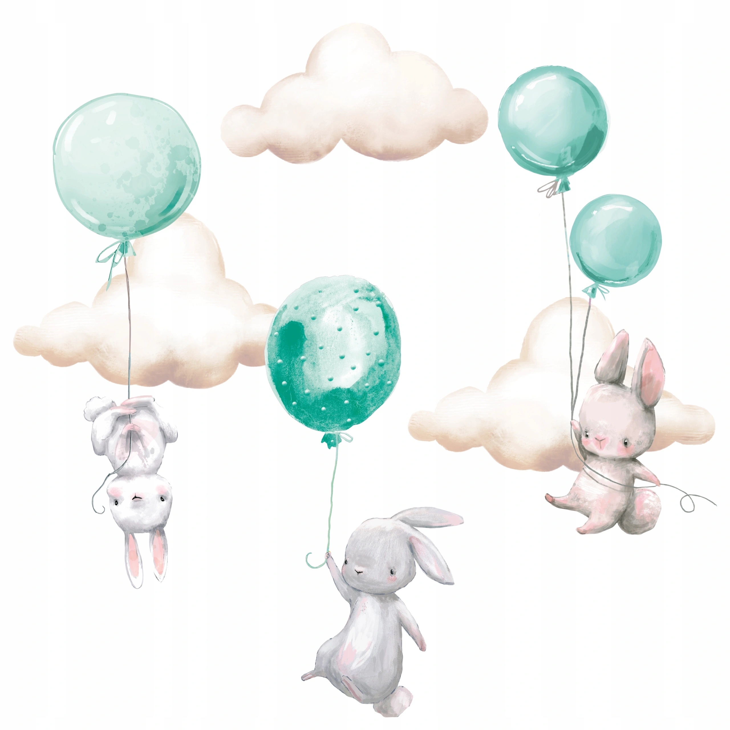 Väggdekal - Kaniner med ballonger och moln / Grön