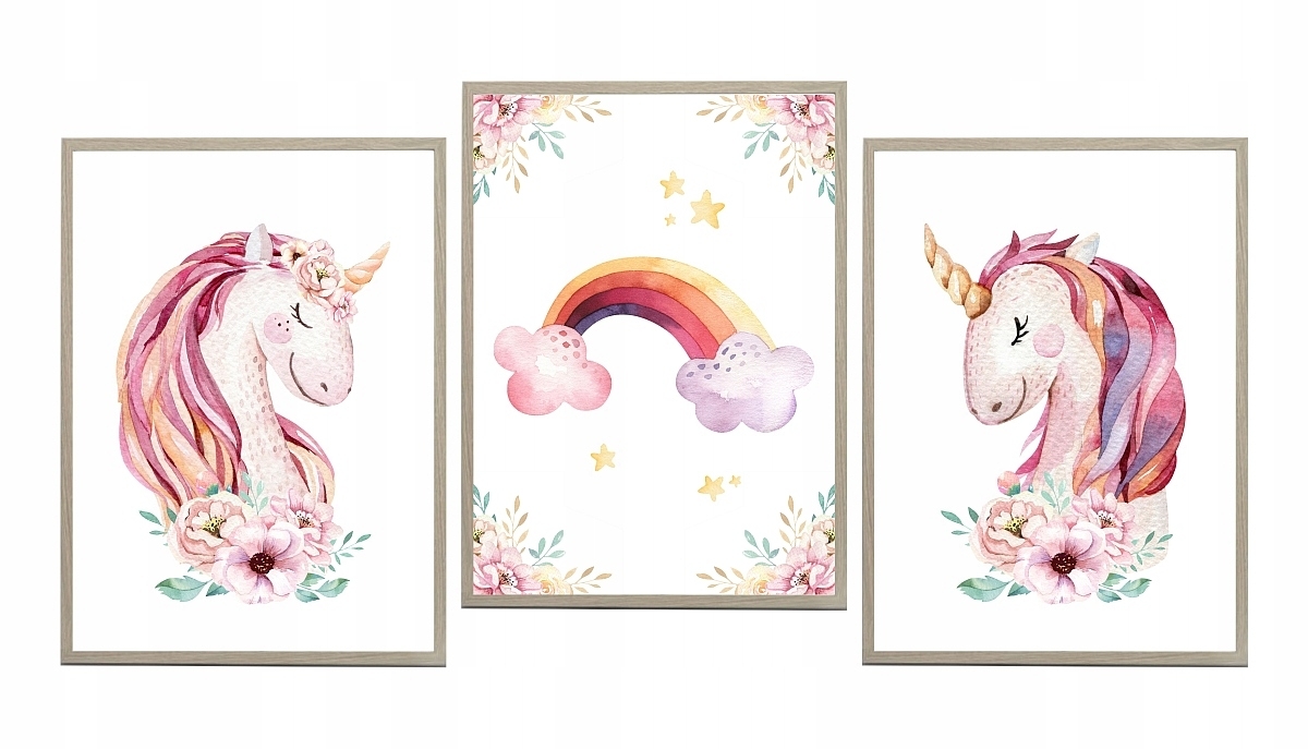 Posters - Enhörningar och regnbåge / Set om 3