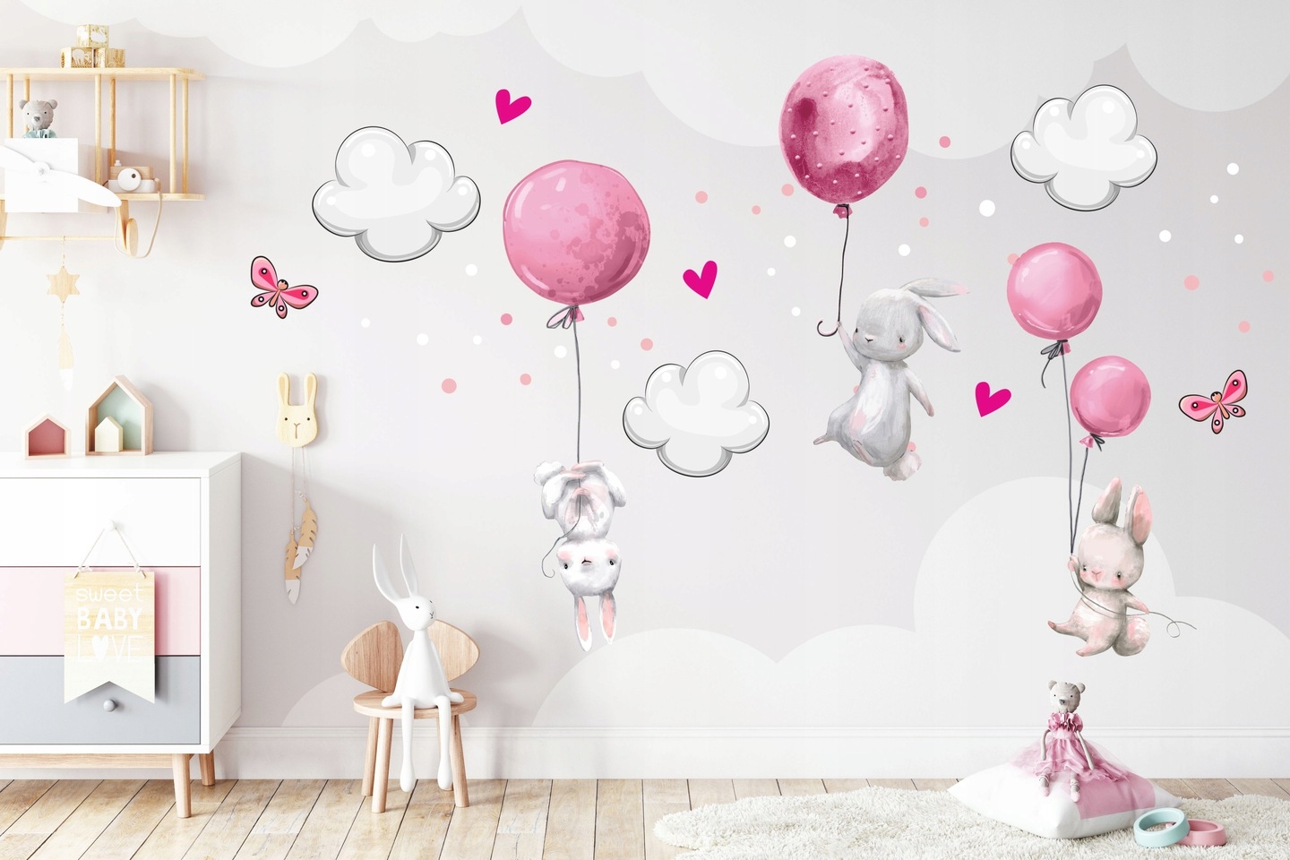 Väggdekal - Kaniner med ballonger och fjärilar / Rosa