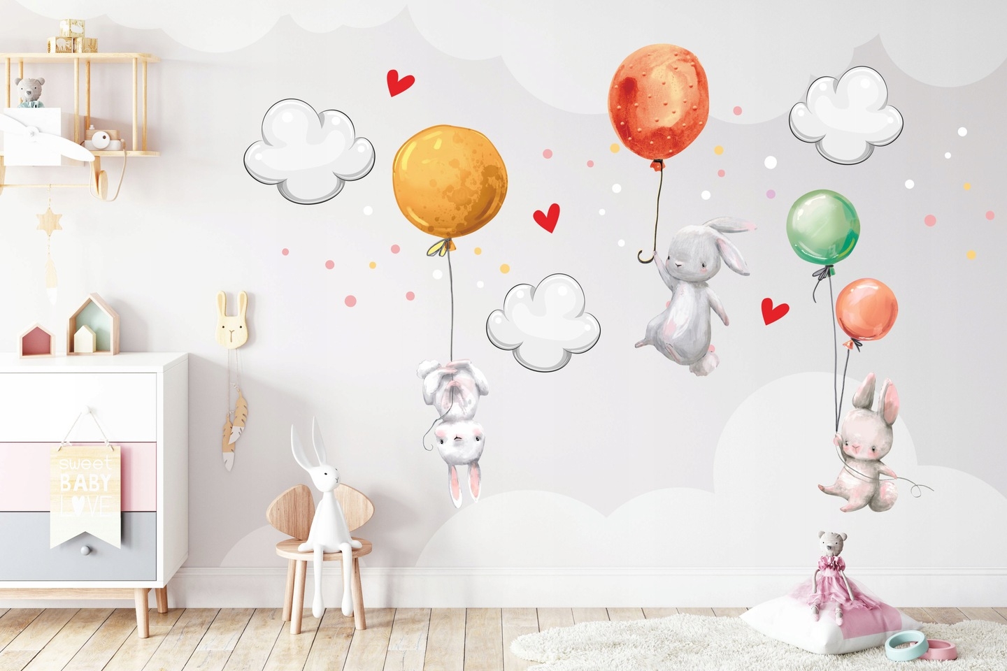 Väggdekal - Kaniner med ballonger och fjärilar / Flerfärgad