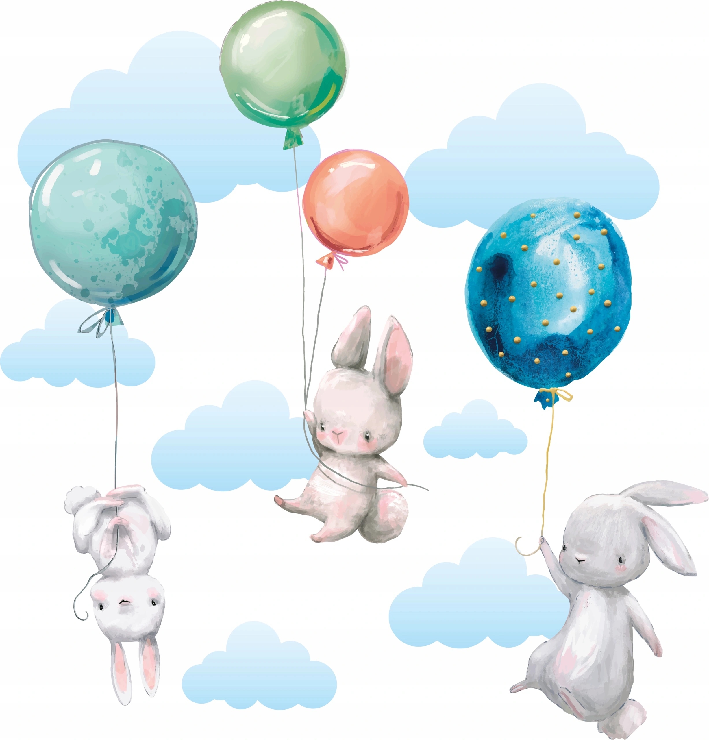 Väggdekal - Kaniner med ballonger och moln