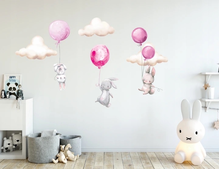 Väggdekal - Kaniner med ballonger och moln / Rosa