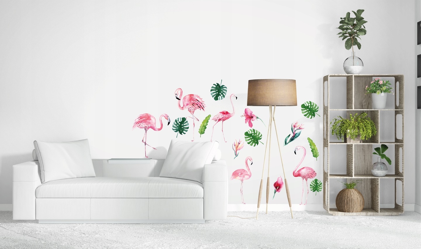 Väggdekal - Flamingos och blommor