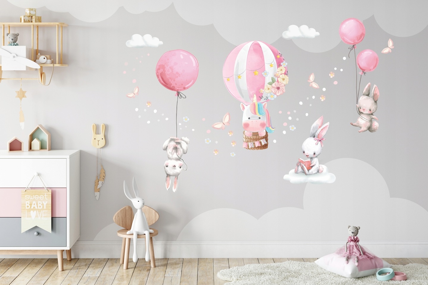 Väggdekal - Enhörning och kaniner med ballonger