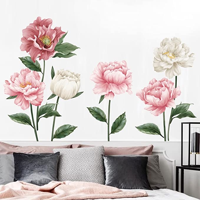 Väggdekal - Pionblommor / Vit och rosa