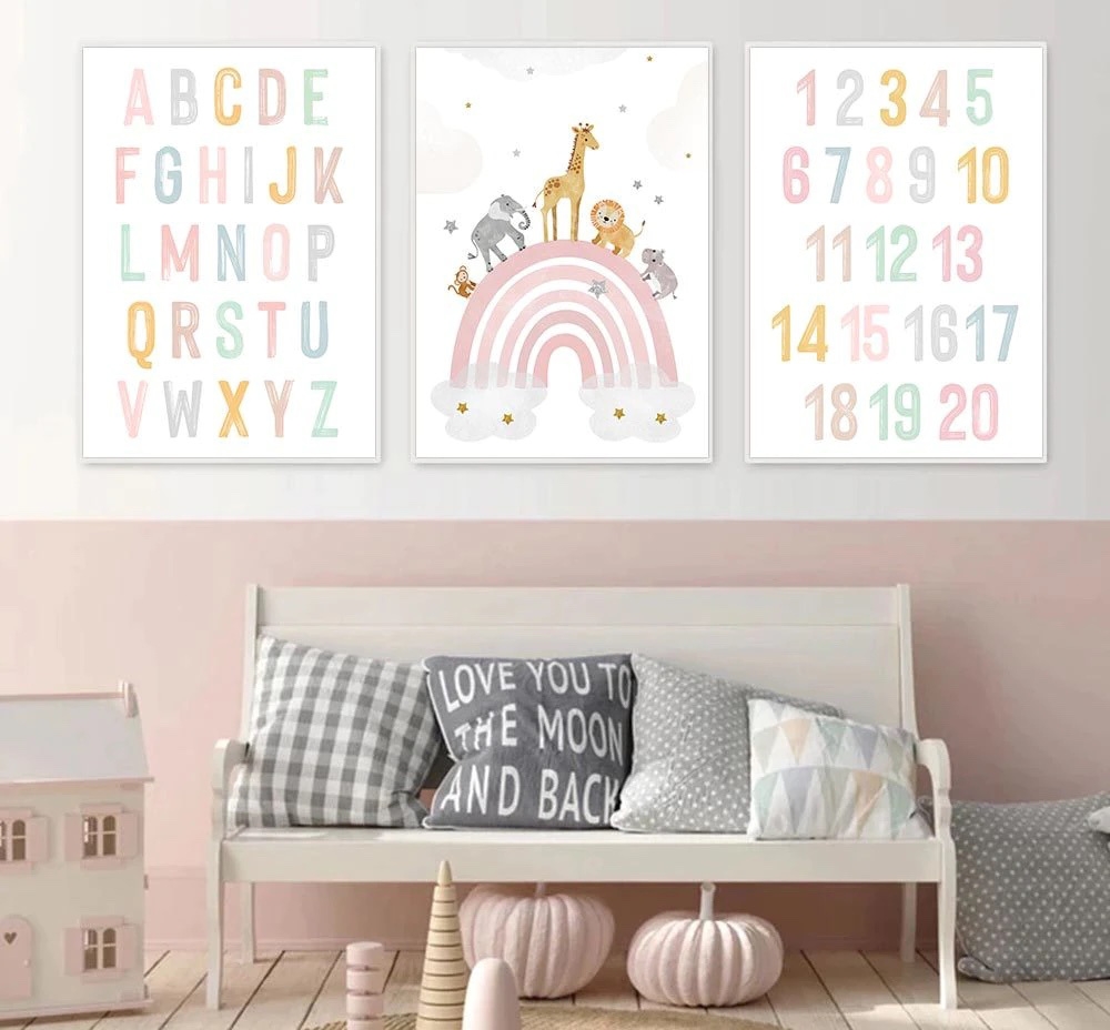 Posters - Alfabet, Siffror och Djur i regnbågen / Set om 3