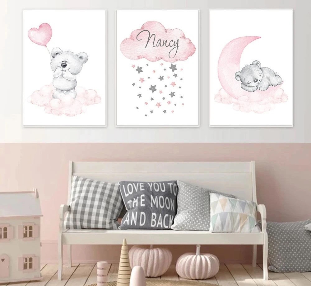 Posters - Björn i molnet och månen / Rosa / Personlig / Set om 3