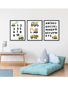 Posters -  Lastbilar med siffror och alfabet / Set med 3