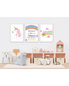 Affisch - Rainbow and Unicorn / Set om 3